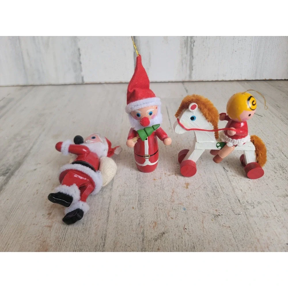 Santa Claus wooden horse vintage ornament Xmas set tree kid pipe